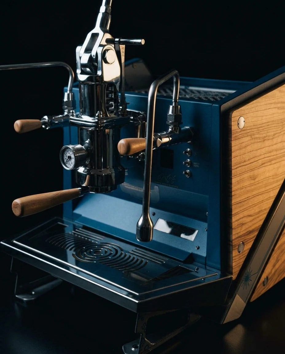 ACS Vostok One Group Espresso Machine with manual brew lever and wood accents on a sleek design.