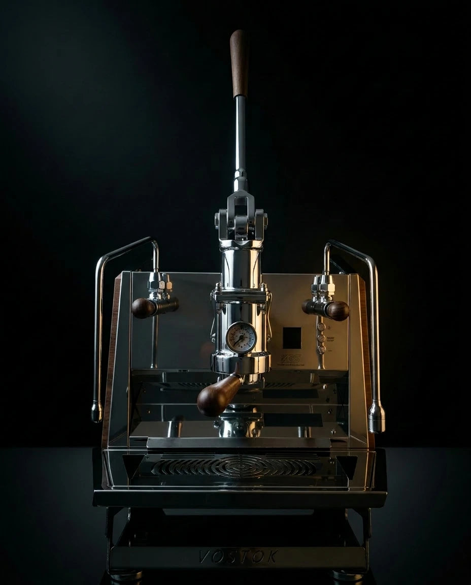 ACS Vostok One Group Espresso Machine with manual brew lever and sleek design, ideal for coffee enthusiasts.