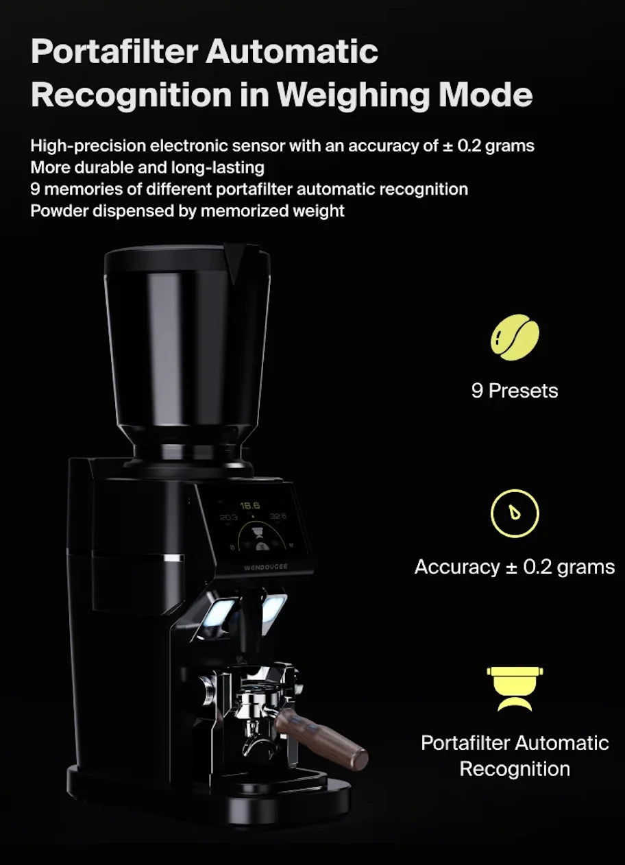 Wendougee Ares 90mm Commercial Espresso Grinder Portafilter automatic Recognition in weighing. mode Vellutto.eu