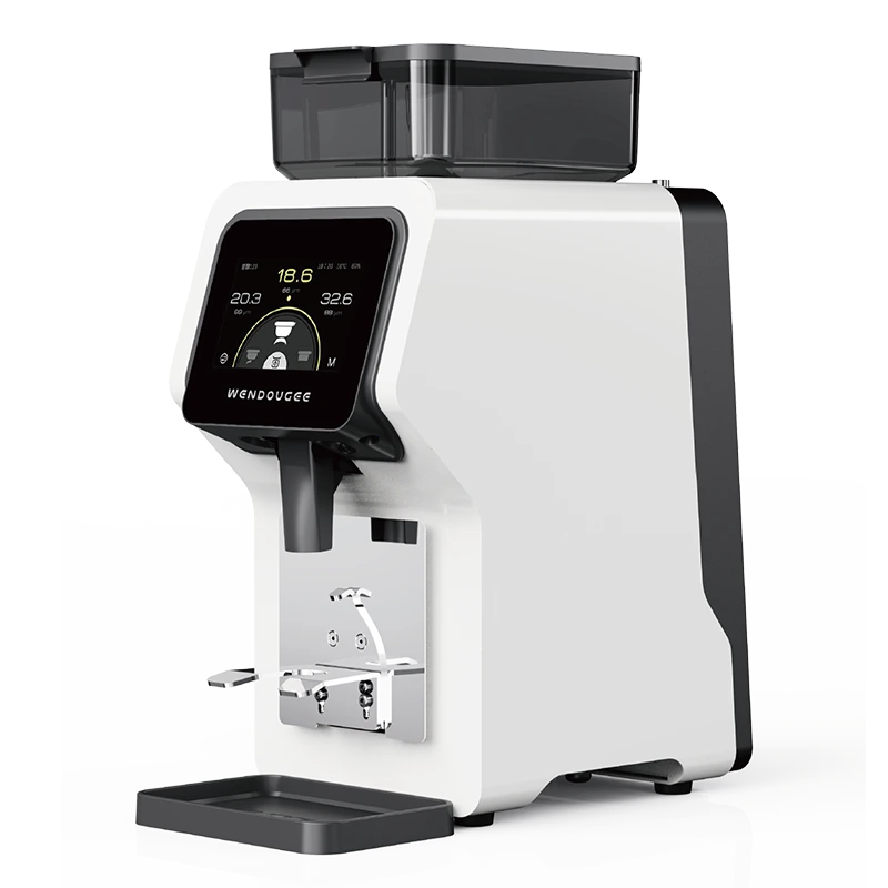 A white and black Wendougee Rkone coffee grinder with a digital touch screen, shown on a clean white background.