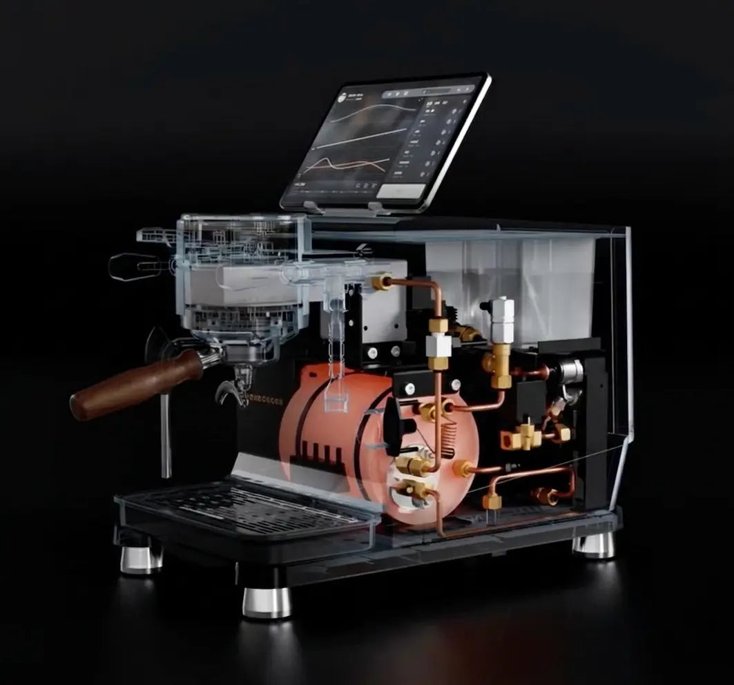 the Wendougee DATA S espresso machine with transparent side panel showing the 1,8L steam boiler highlighted and the copper piping and water connections inside the Wendougee DATA S on a black background vellutto.eu