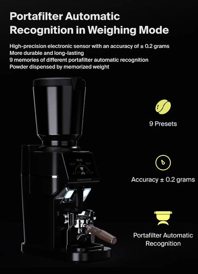 Wendougee Ares 90mm Commercial Espresso Grinder Portafilter automatic Recognition in weighing. mode Vellutto.eu