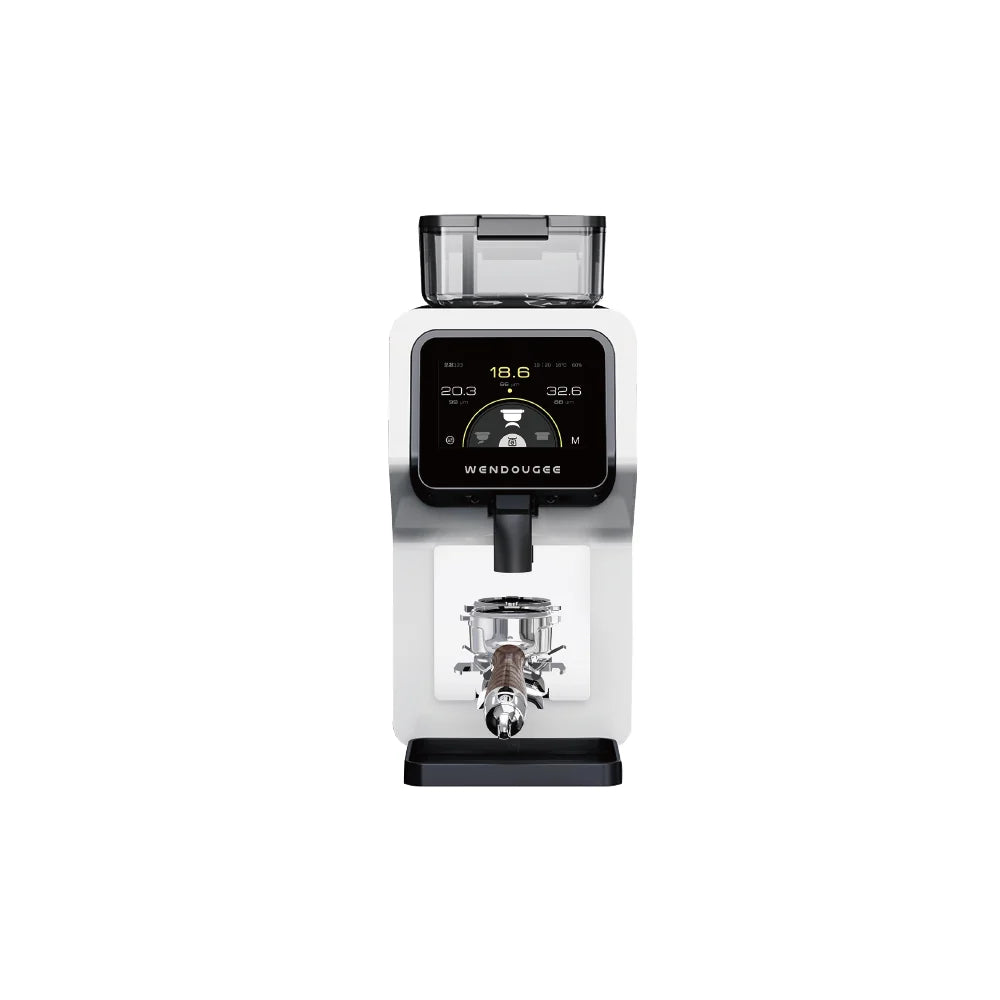 A Wendougee RKone coffee grinder with a white body, black digital display screen, and clear bean hopper, shown on a solid white background.